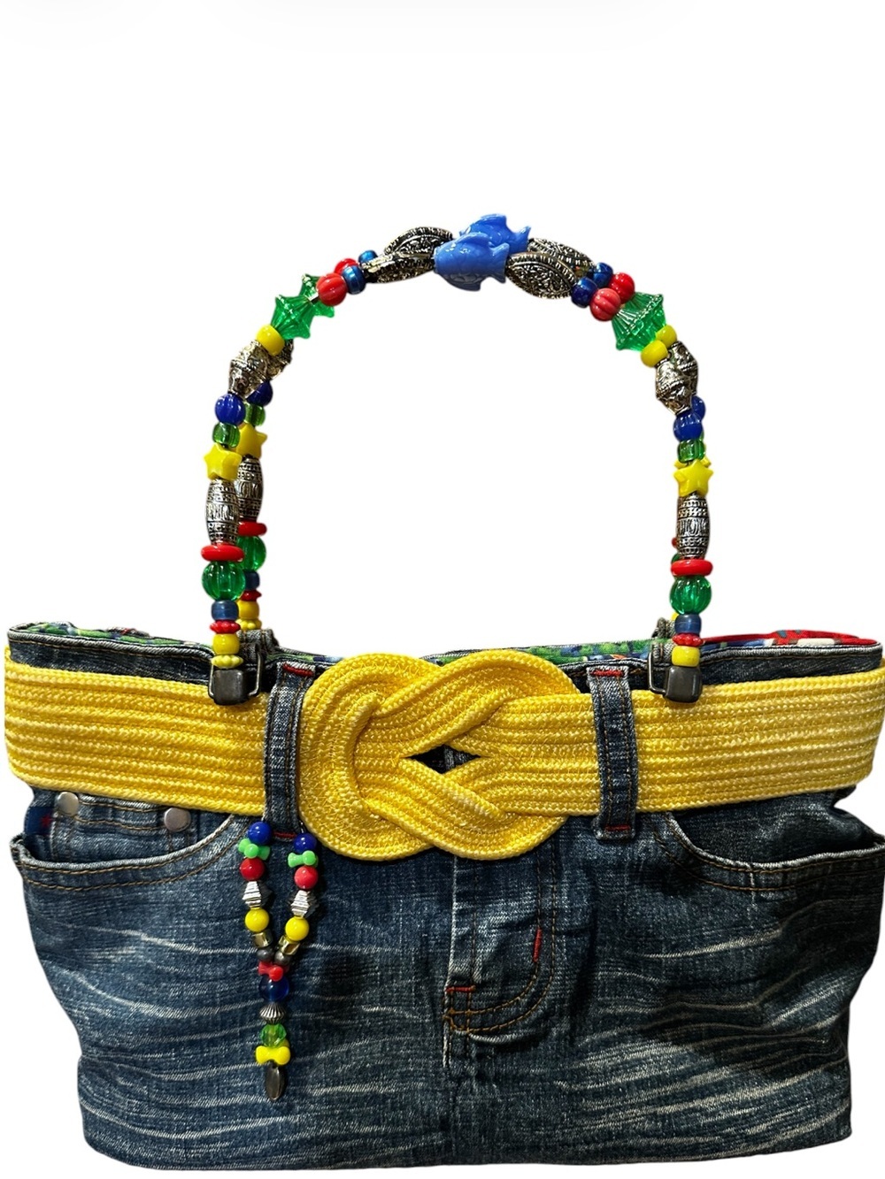 Denim Nautical Beads Tote Bag with Yellow Rope Belt and Beaded Handle